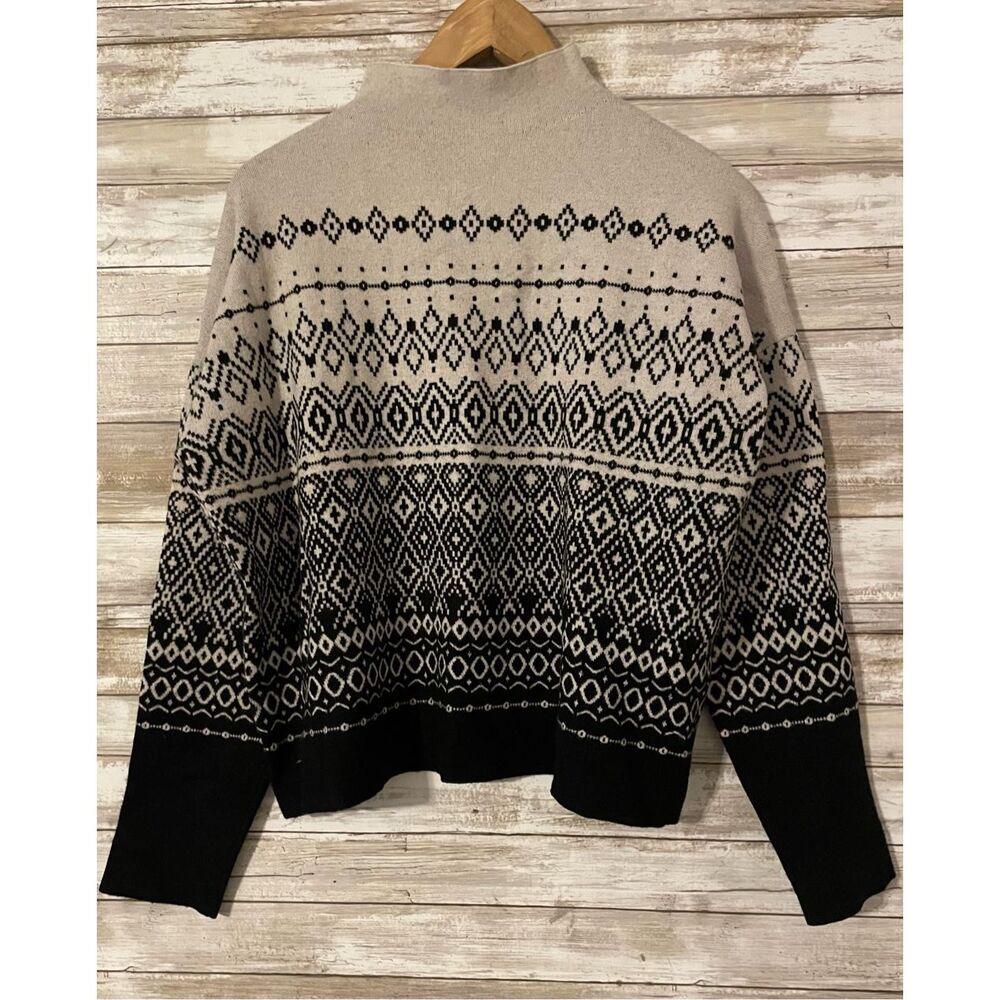 Joie Fair Isle Long Sleeve Mock Neck Pullover Soft Sweater Gray Black XL Women